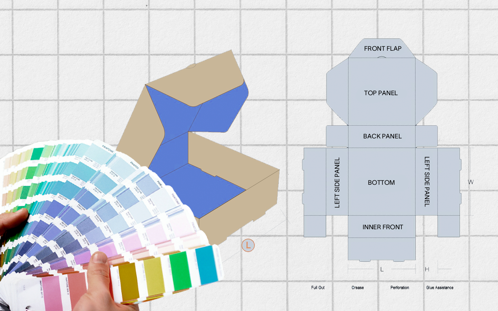 Illustrator of the custom packaging process including a fanned Pantone book overlaid on a box with diecut. Background is graph paper.