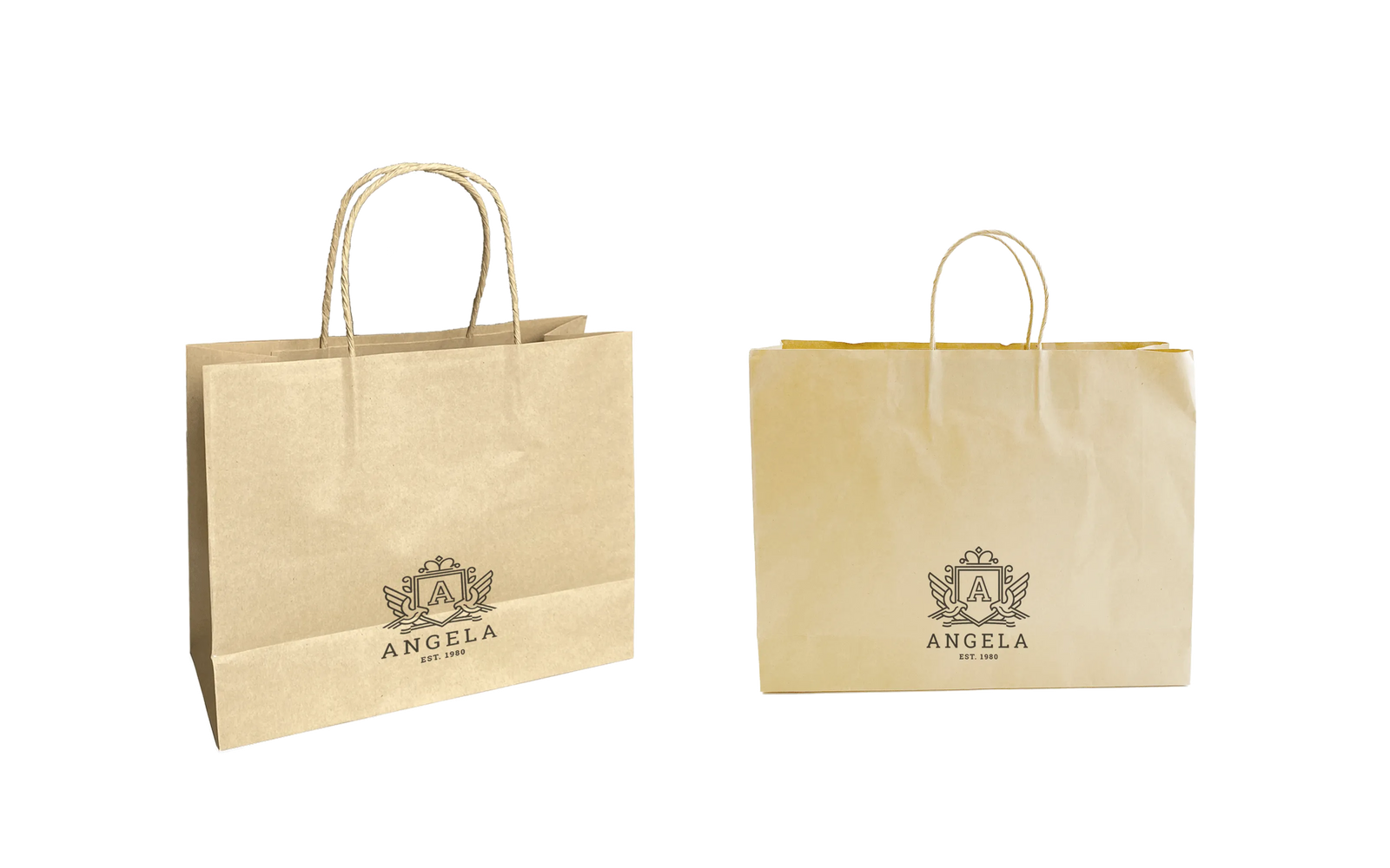 Two brown paper bags with 'ANGELA' branding on a white background