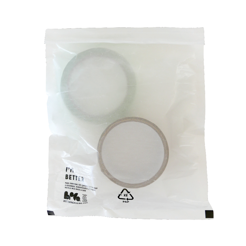 White Better Packaging glassine bag containing two rolls of tape