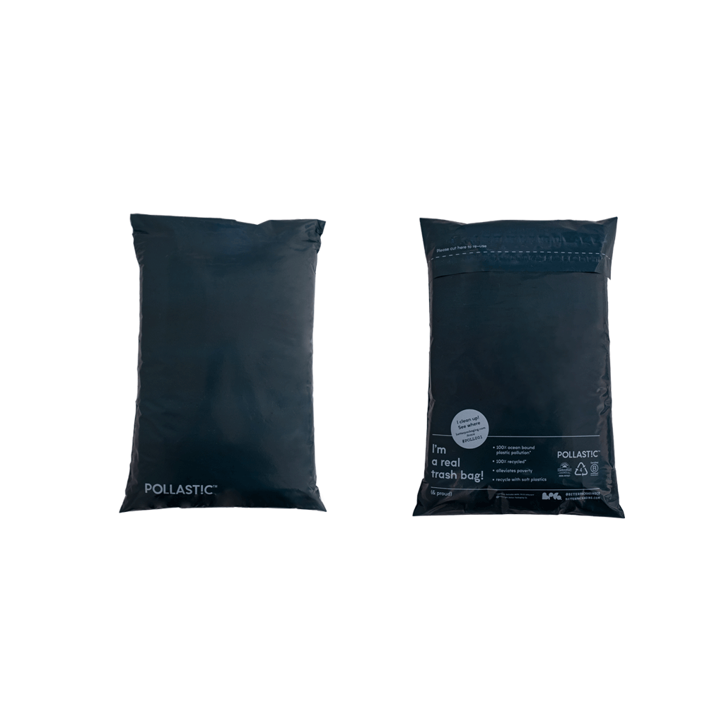 Front and back of midnight blue POLLAST!C mailers on a transparent background