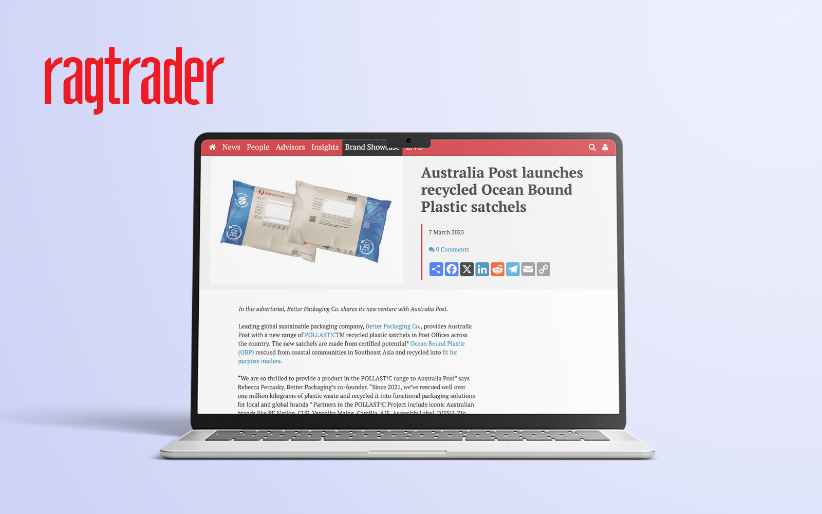 Laptop featuring Ragtrader article on the Australia Post and POLLAST!C Collaboration