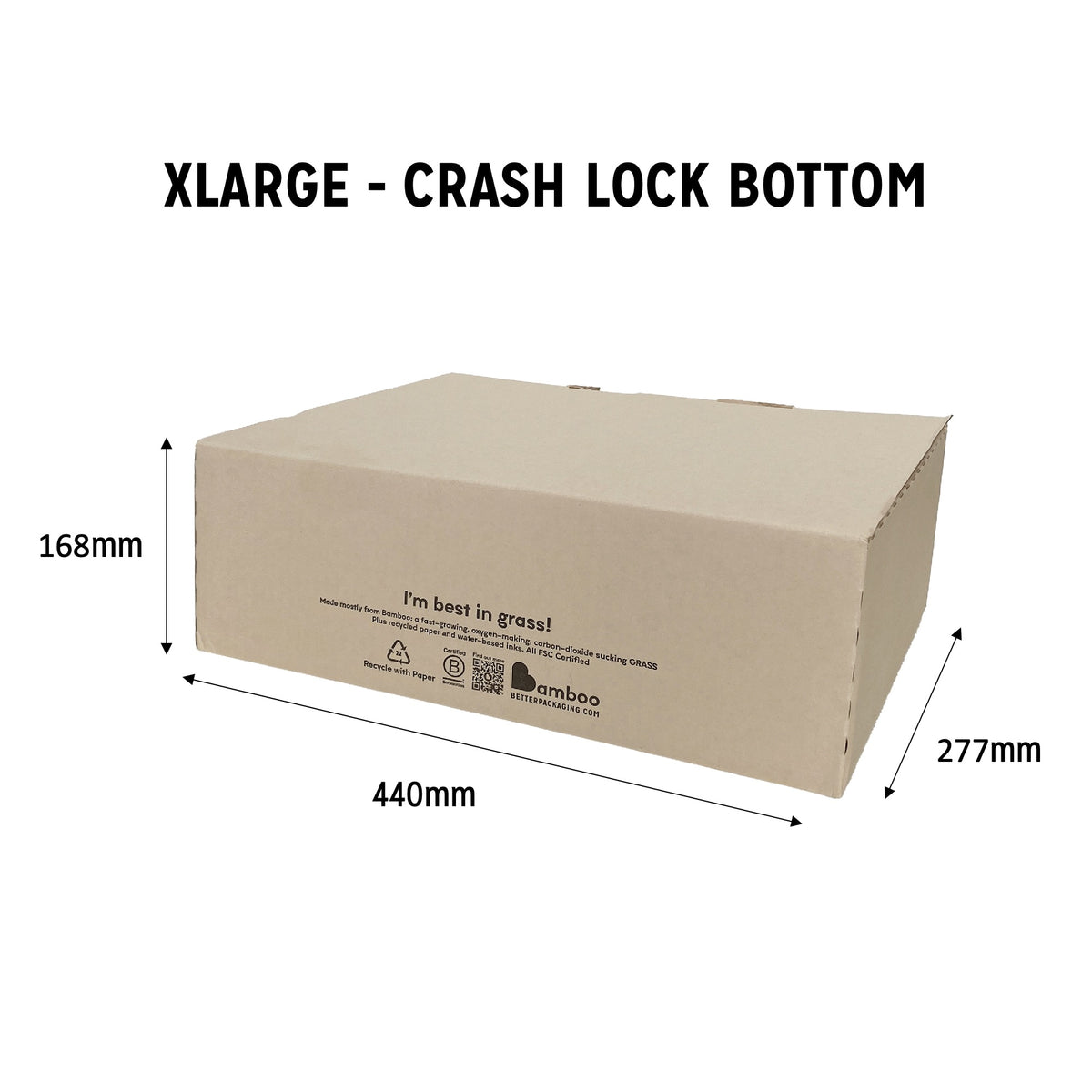 Xlarge sized crash lock Better Packaging bamboo box. 168mm high, 440mm wide, 277mm deep
