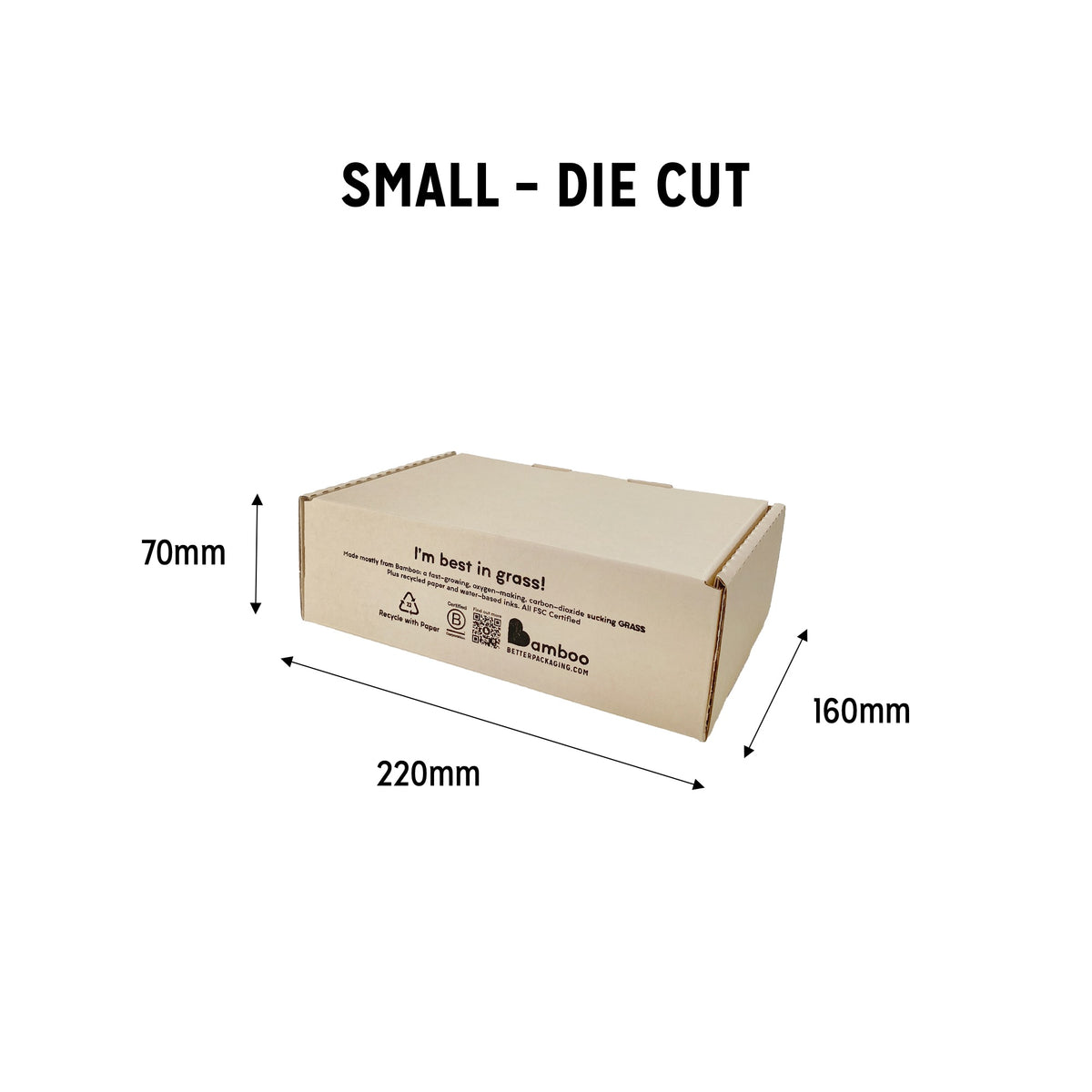 Small sized die cut Better Packaging bamboo box. 70mm high, 220mm wide, 160mm deep