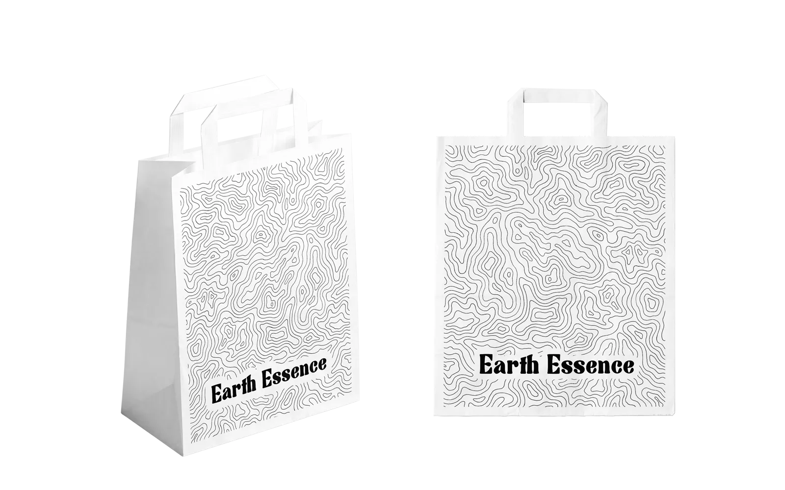 Two white paper bags with black 'Earth Essence' text on a white background