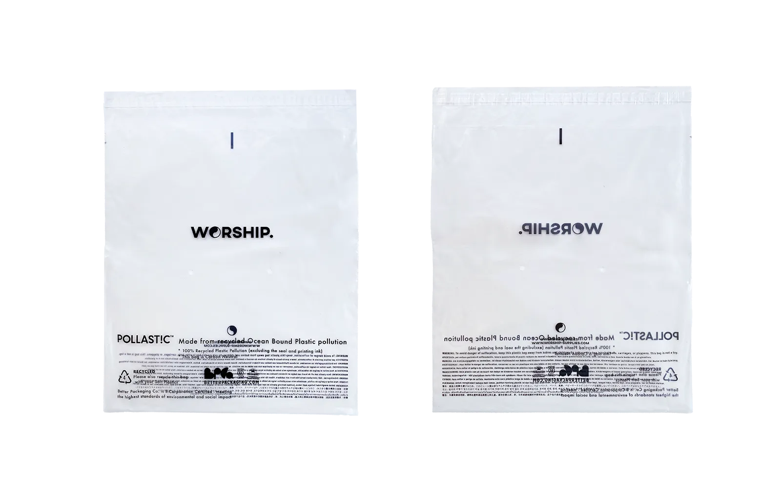 Two white packets with 'Worship' branding on a white background