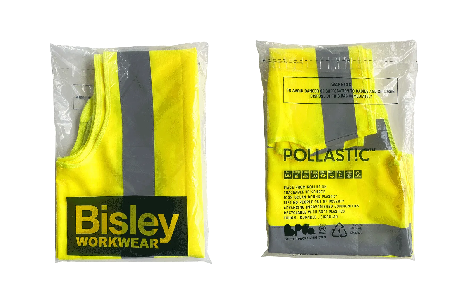 Two yellow safety vests with reflective stripes, one branded 'Bisley Workwear' and the other 'Pollastic'.