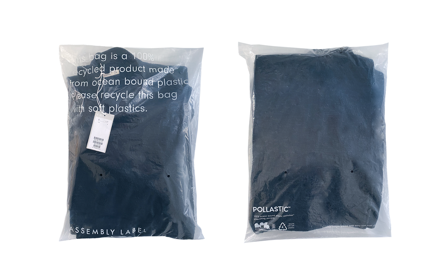 Assembly Label branded Better Packaging POLLAST!C poly garment bags containing garment on transparent background