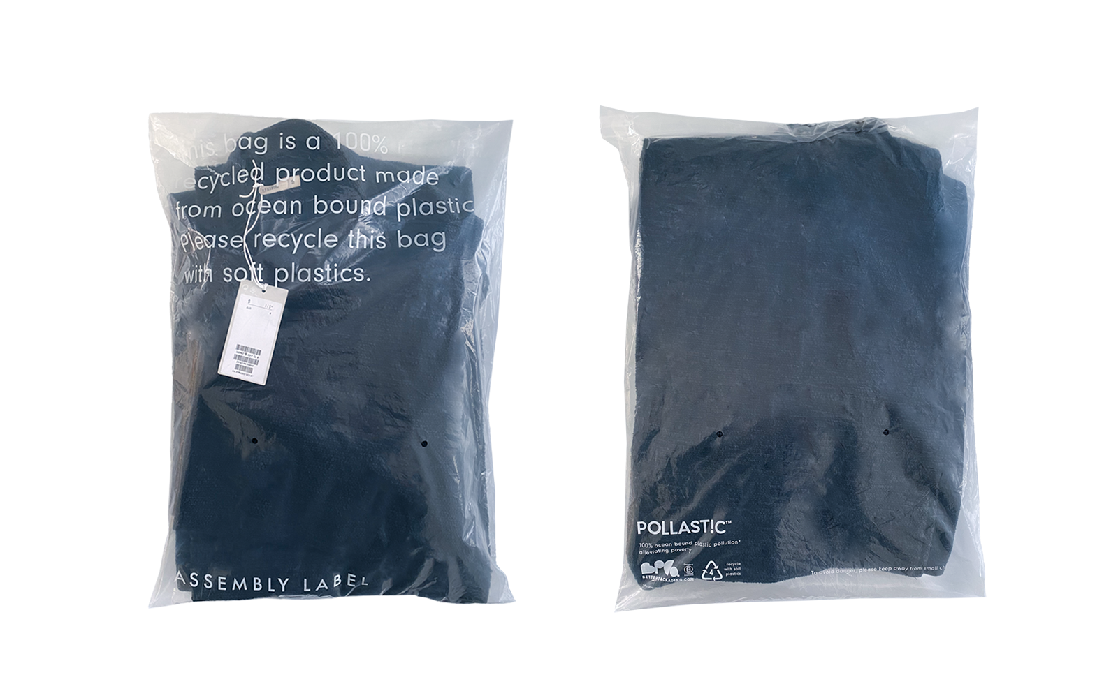 Assembly Label branded Better Packaging POLLAST!C poly garment bags containing garment on transparent background