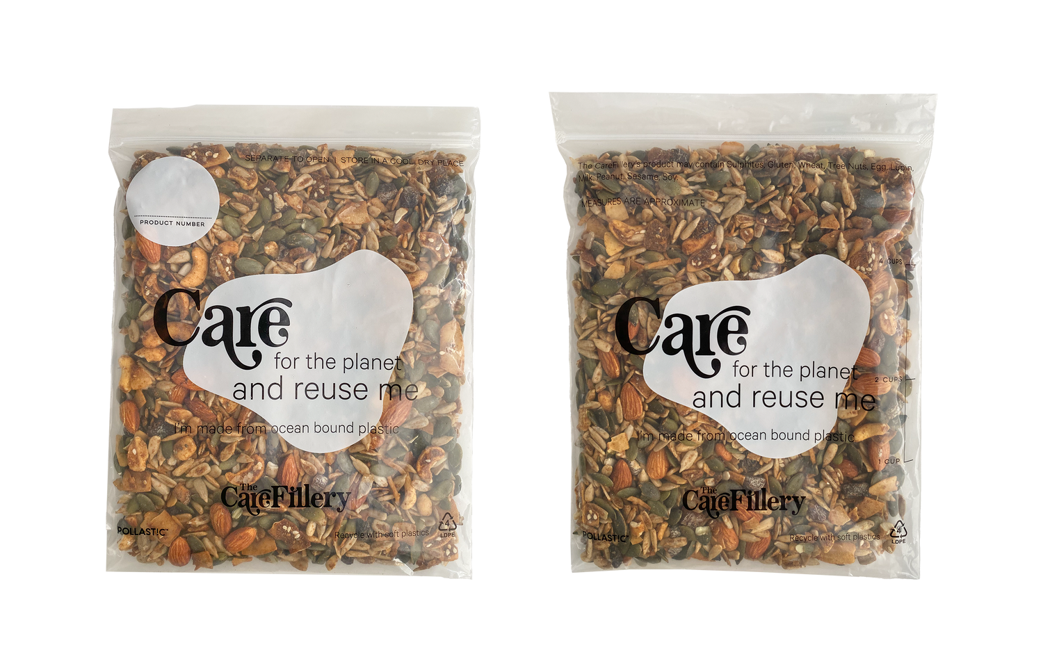 The Care Fillary custom branded Better Packaging POLLAST!C zip lock bags containing nuts on a transparent background