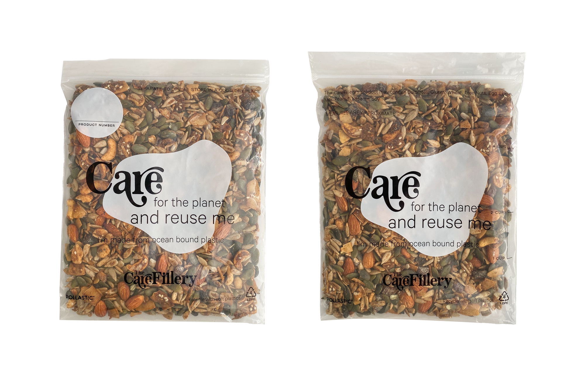 The Care Fillary custom branded Better Packaging POLLAST!C zip lock bags containing nuts on a transparent background