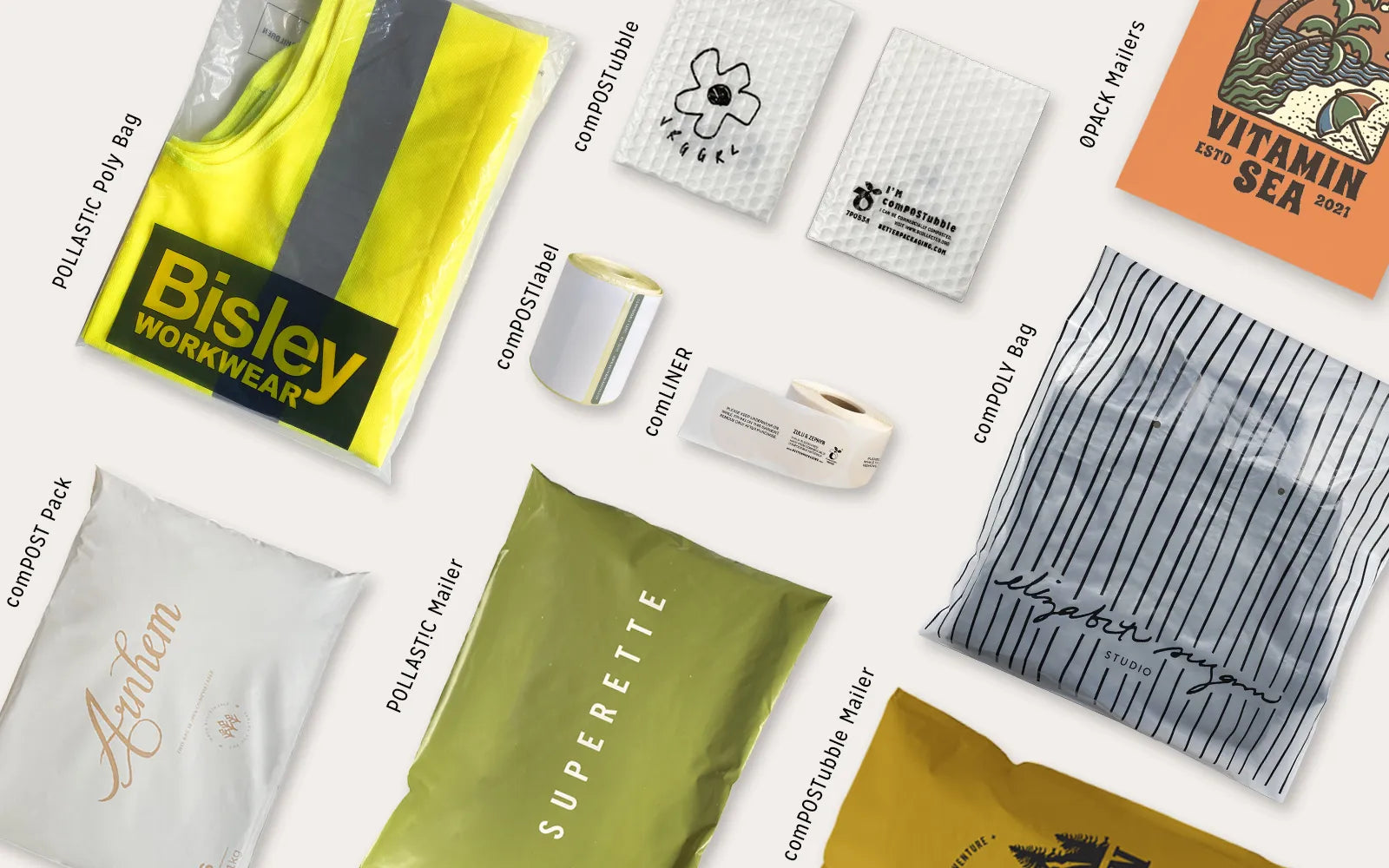 Collection of branded pouches and bags on a white background