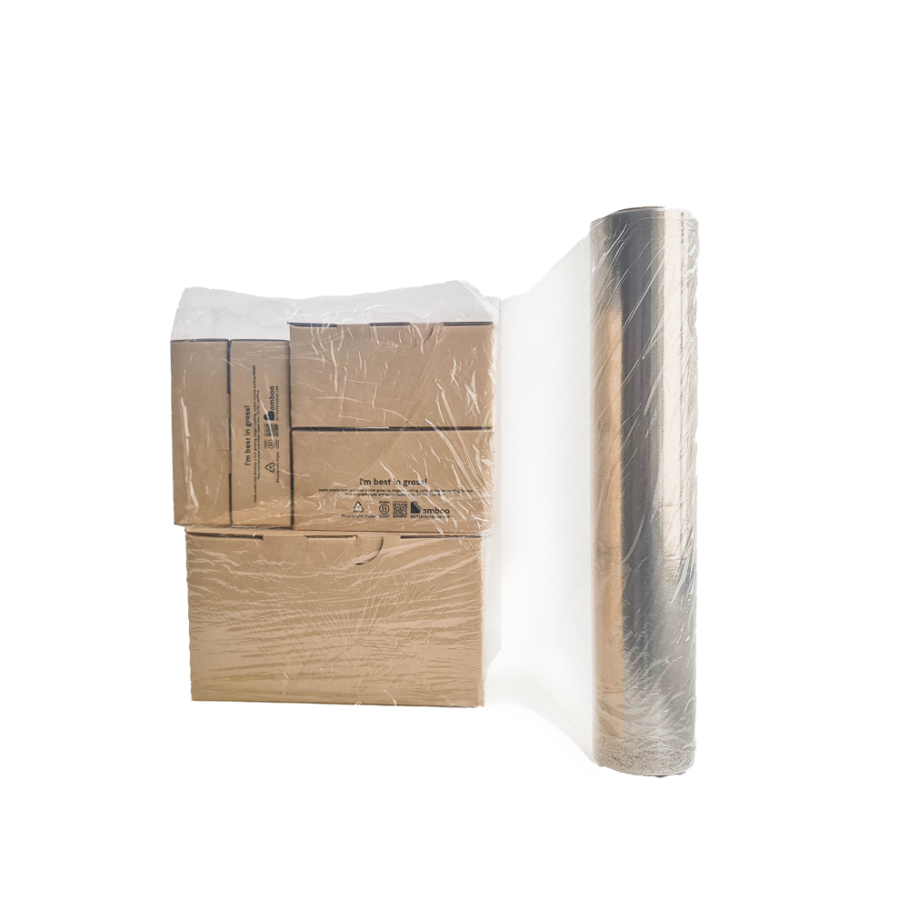 Clear Better Packaging POLLAST!C Pallet wrap with boxes being wrapped on a transparent background.