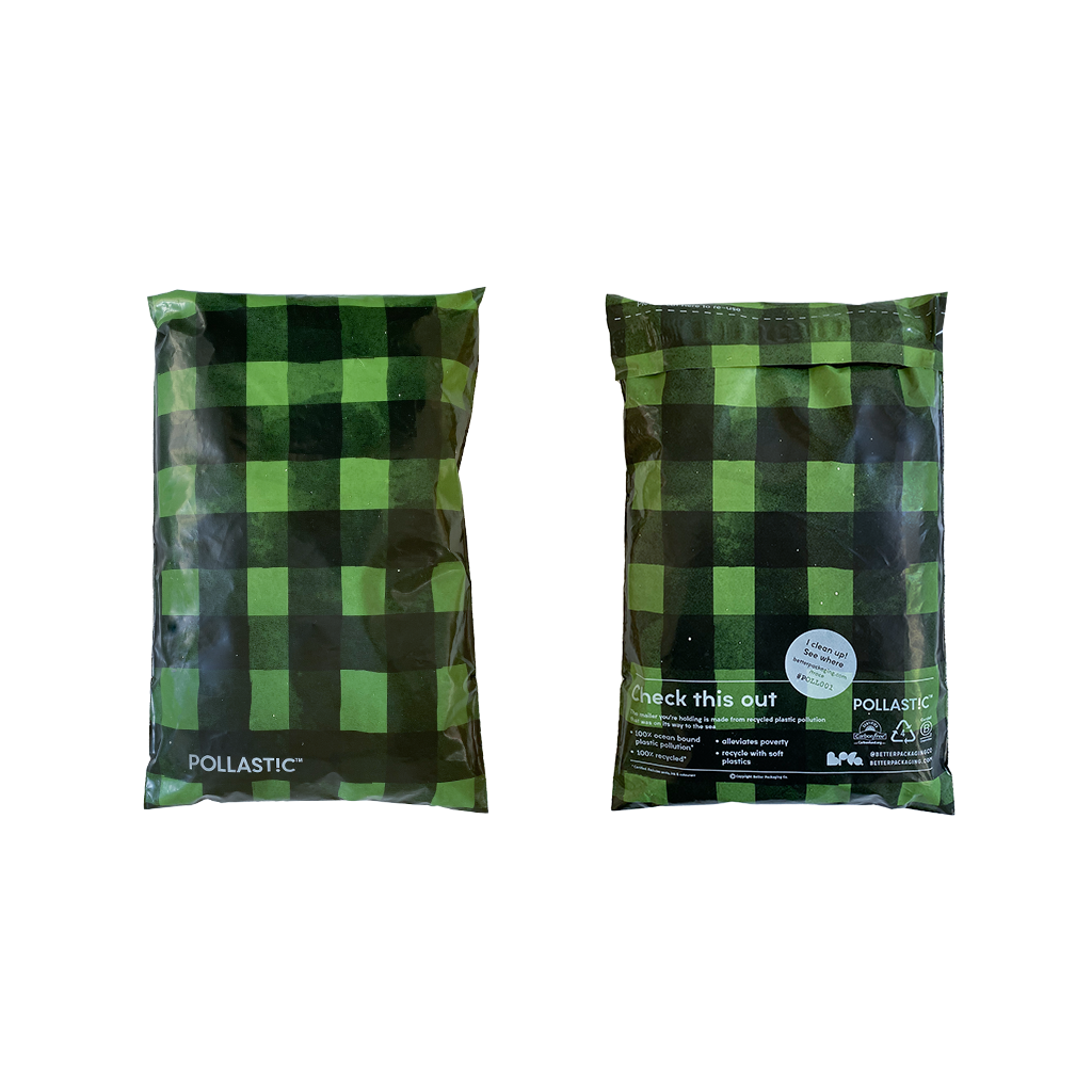 Front and back of green plaid printed POLLAST!C mailers on a transparent background