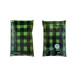 Front and back of green plaid printed POLLAST!C mailers on a transparent background
