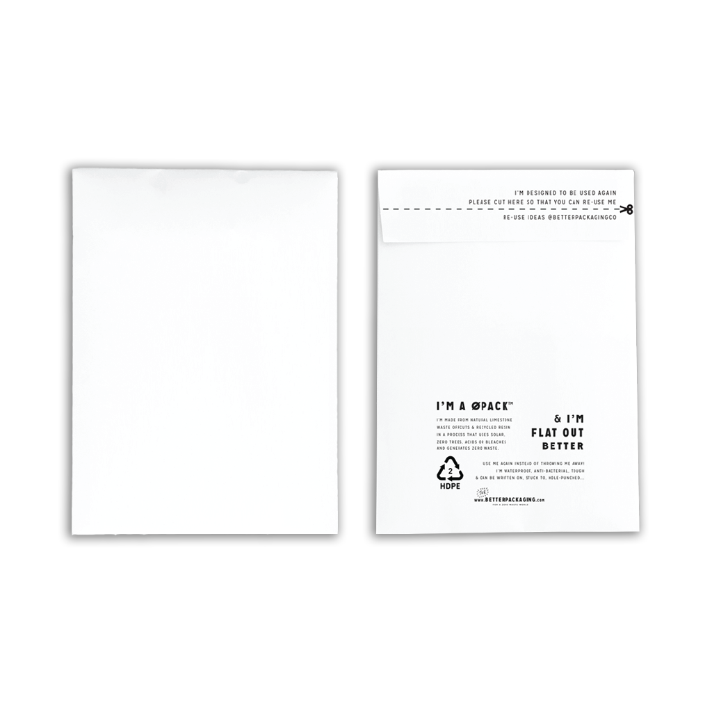 A white Better Packaging shipping envelope made from limestone quarry waste.