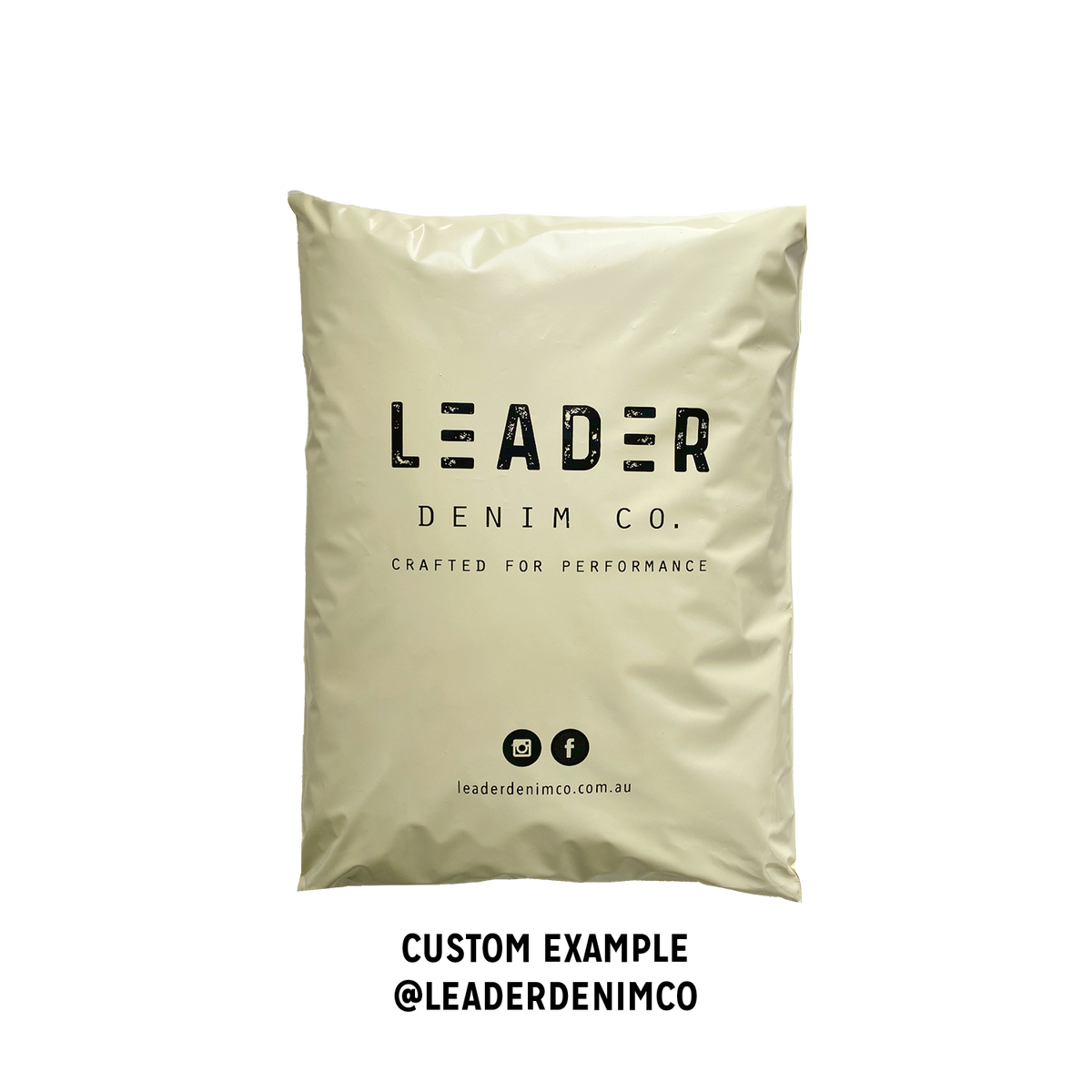Leader Denim Co branded custom Better Packaging POLLAST!C cream mailer on a transparent background