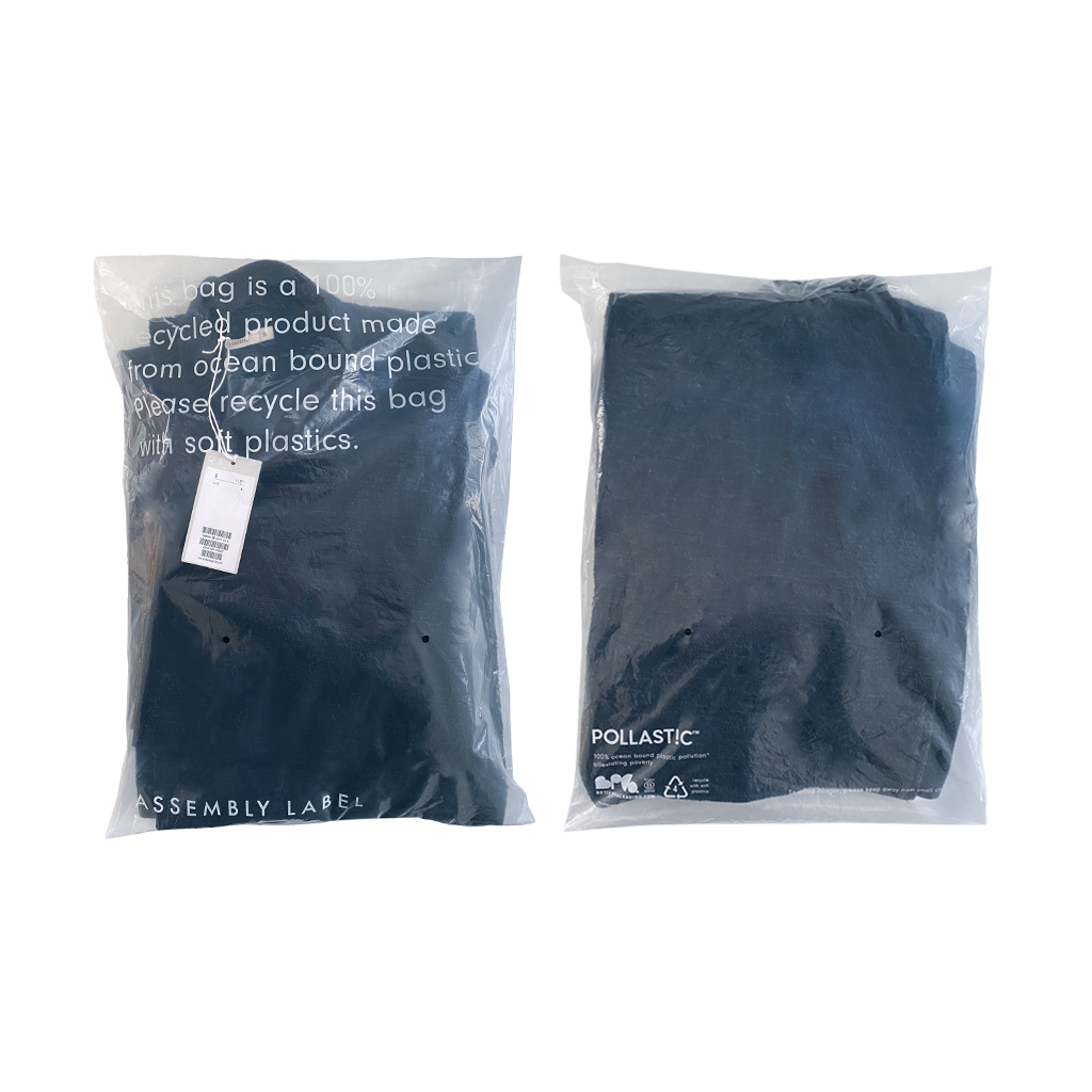 Assembly Label branded Better Packaging POLLAST!C poly garment bags containing garment on transparent background