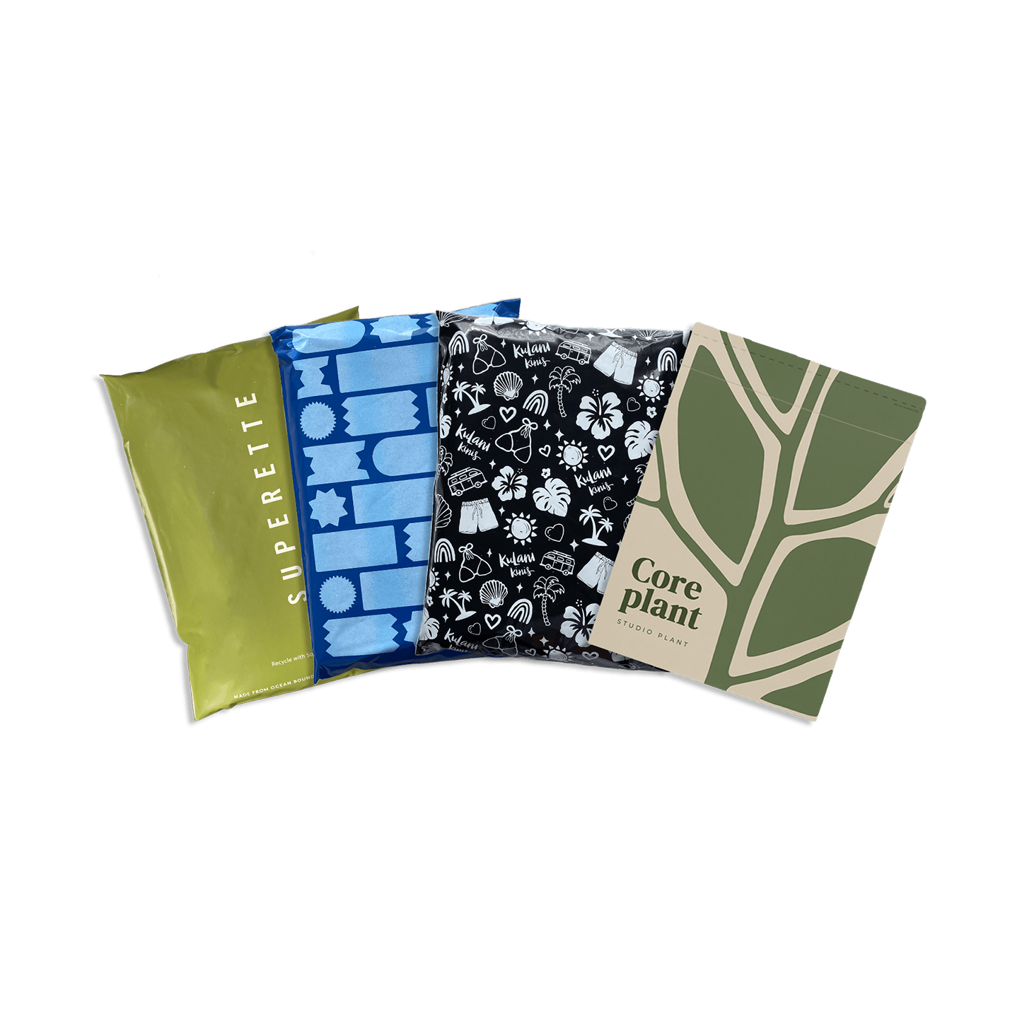 Four custom printed shipping mailers with unique designs: a green mailer with brand logo, another with geometric shapes, the third with beach icons, last with a leaf patterns.