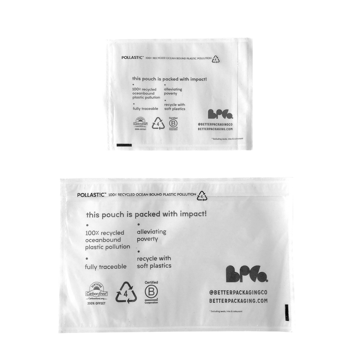 Comparing small and medium sized Better Pacakging POLLAST!C labelopes on a transparent background