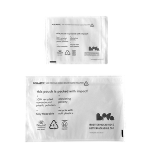 Comparing small and medium sized Better Pacakging POLLAST!C labelopes on a transparent background