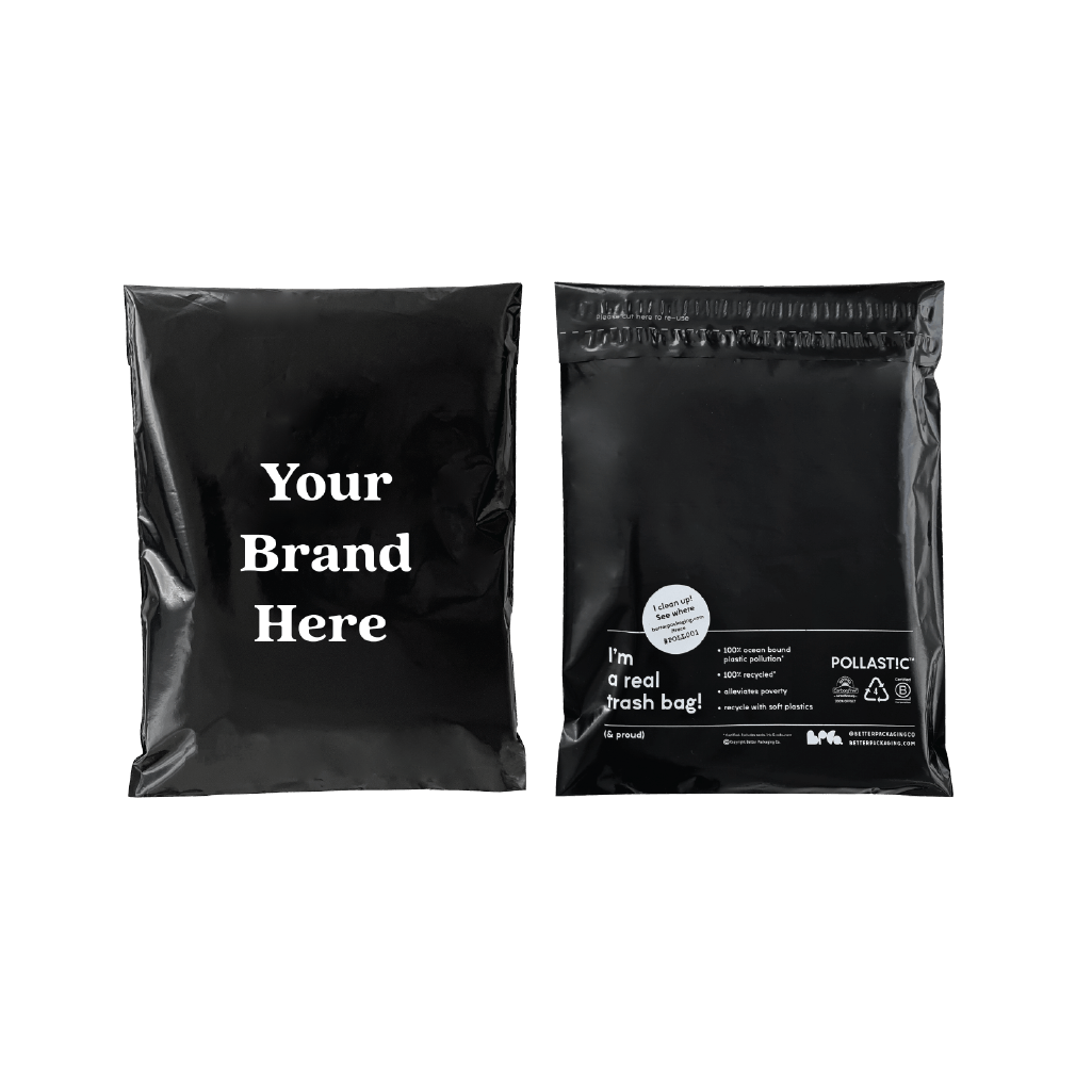 Front and back of black Better Packaging POLLAST!C mailers on a transparent background, with &quot;Your brand here&quot; printed on the front