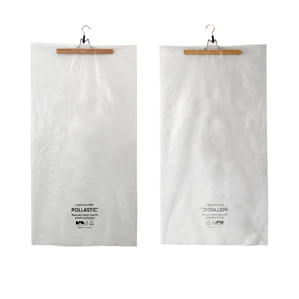 A transparent Better Packaging POLLAST!C hanging garment bag on a transparent background. 