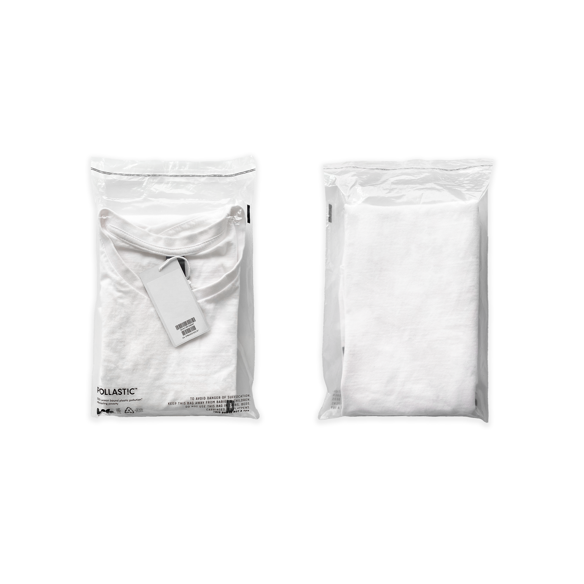 Front and back of a transparent Better Packaging POLLAST!C poly garment bag, containing a white tee shirt on a transparent background
