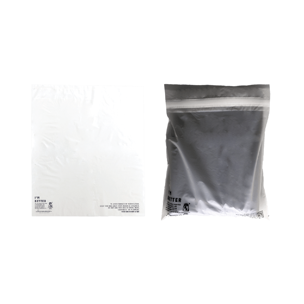 A Better Packaging compostable semi transparent poly garment bag with adhesive seal on a transparent background
